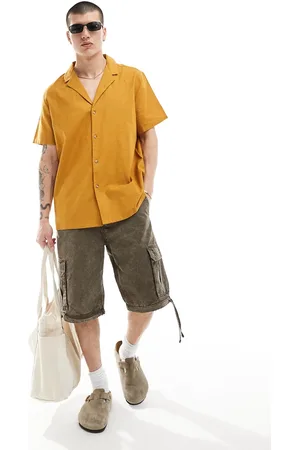 ASOS Relaxed linen blend shirt with deep revere collar in mustard