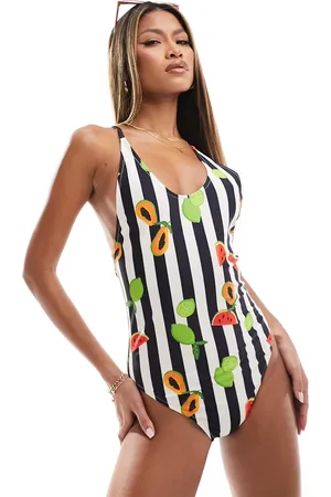 Urban Threads Striped fruit print cross back detail swimsuit