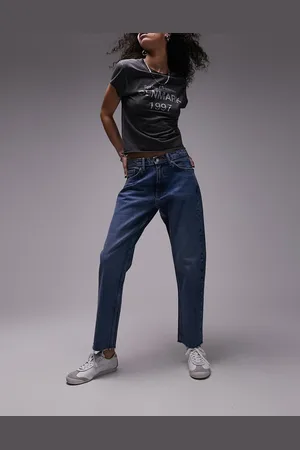 Topshop Cropped mid rise straight jeans with raw hems in mid
