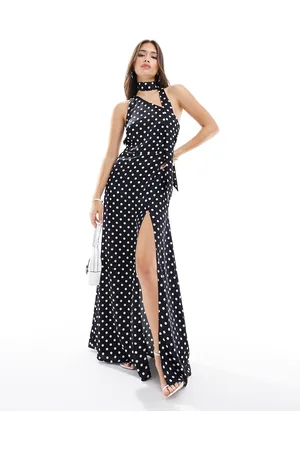 Style Cheat One shoulder satin maxi dress with neck tie in mono spot