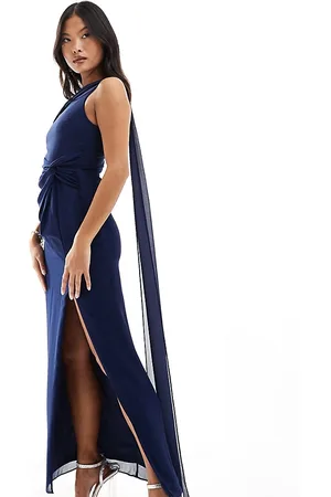 TFNC Bridesmaid chiffon fallen shoulder maxi dress with drape detail in navy