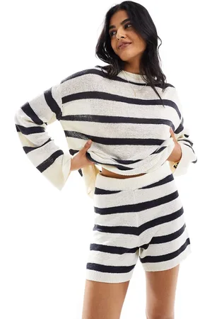 Pretty Lavish Stripe knit shorts co-ord in cream and navy