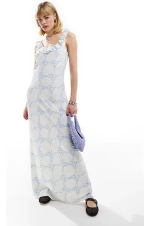 Glamorous Scoop frill neck maxi dress in with blue ribbon print
