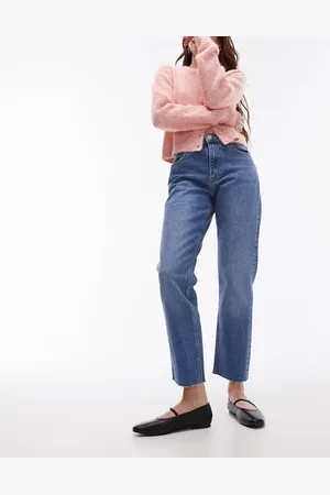Topshop Cropped mid rise straight jeans with raw hems in mid
