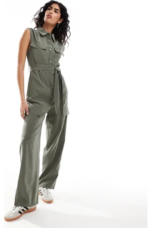 MANGO Sleeveless button up jumpsuit in khaki