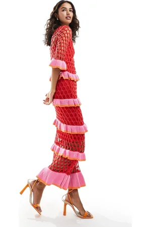 Never Fully Dressed Contrast crochet maxi dress in red and