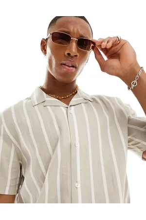 New Look Short sleeved striped linen blend shirt in stone