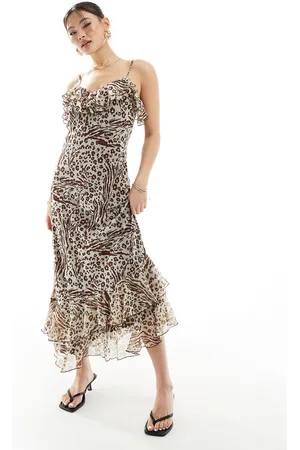 River Island Asymmetric midi dress with ruffle detail in animal print