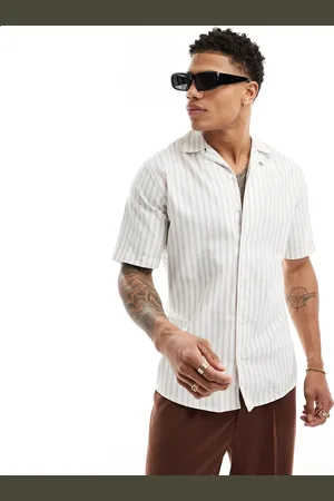 Only & Sons Short sleeve oxford shirt in white with beige stripe
