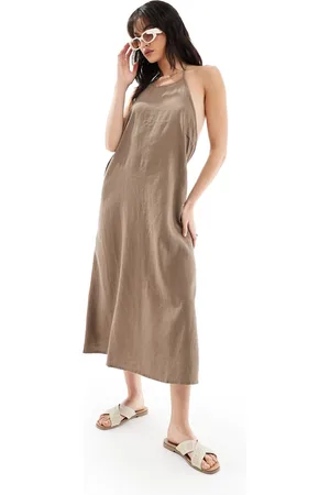 ONLY Linen mix halter neck midi dress in washed