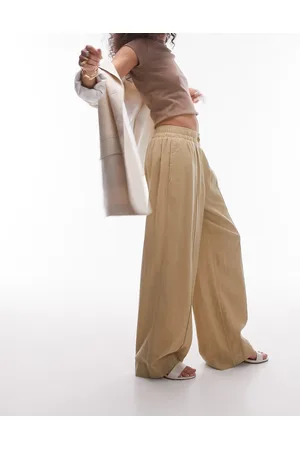 Topshop Linen high waist pull on straight leg trouser in sand