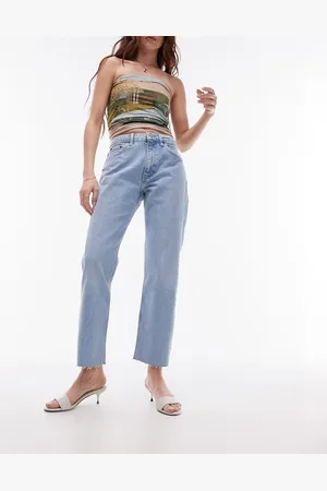 Topshop Cropped mid rise straight jeans with raw hems in bleach