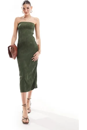 New Look Ripple bandeau midi dress in khaki