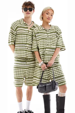 Reclaimed Unisex knitted shorts in stripe crochet