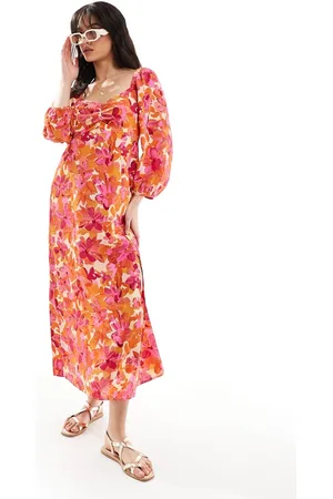 JDY Bell sleeve maxi dress with front split in floral