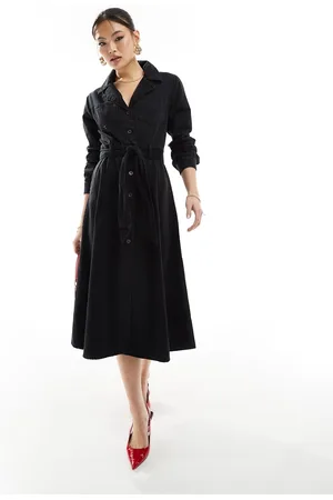 River Island Long sleeve button front denim midi dress in