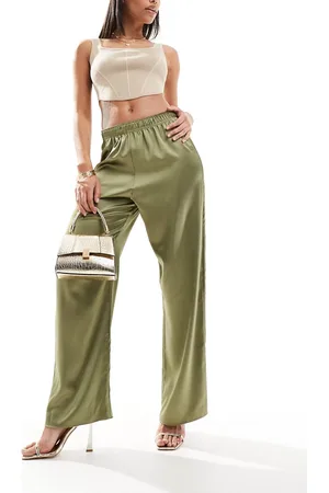 River Island Satin palazzo wide leg trousers in khaki