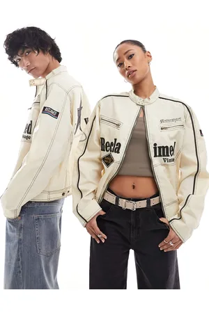 Reclaimed Unisex fitted motor jacket in off with logo badges and embroidery
