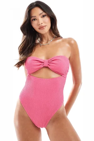 River Island Textured bandeau swimsuit in