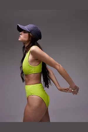 Topshop Mix and match crinkle plunge cami bikini top in lime