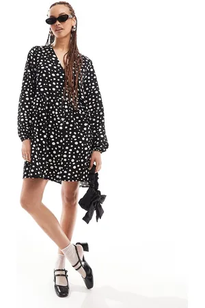Monki Button through mini skater dress in black and white spot print