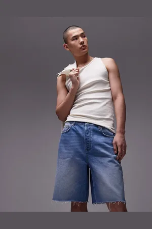Topman Wide leg raw hem denim short in light wash