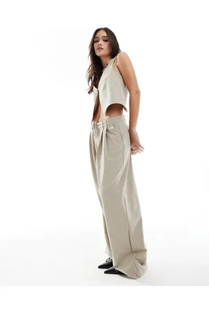 Pull&Bear Tie waist detail pinstripe tailored trouser co-ord in sand