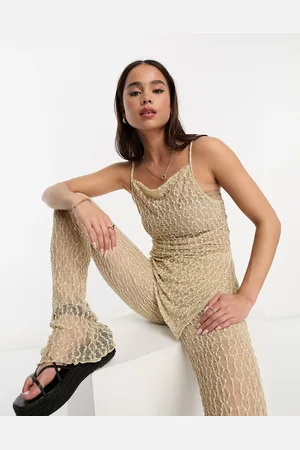 Pull&Bear Textured mesh asymmetric hem top co-ord in beige