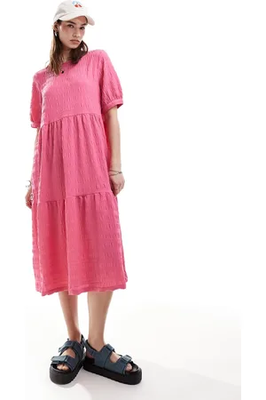 Monki Midi smock dress with tiered hem in
