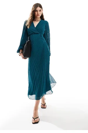 ASOS Pleated dobby chiffon wrap button detail maxi dress in teal