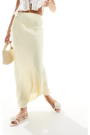 Stradivarius Satin bias midi skirt in buttermilk
