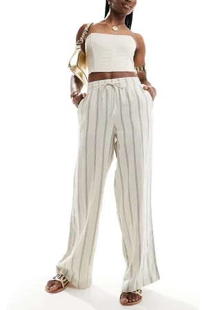 New Look Linen wide leg trouser in cream stripe