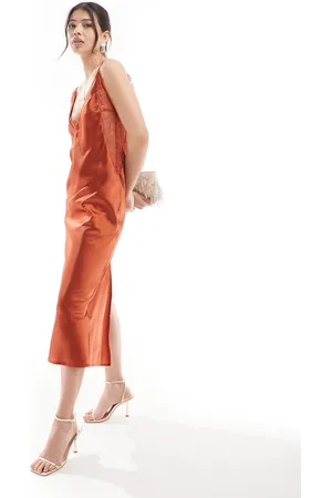 ASOS Satin cami maxi dress with lace trim in rust