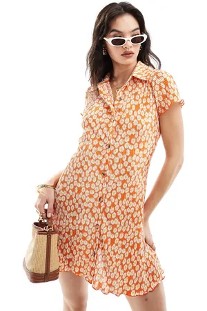 ASOS Printed plisse button mini dress in orange print