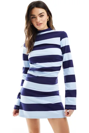 ASOS Grown on neck mini dress with long sleeve in navy stripe