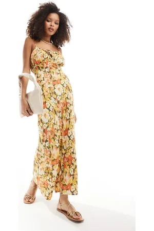 ASOS Ruched bust maxi slip dress in mustard floral print