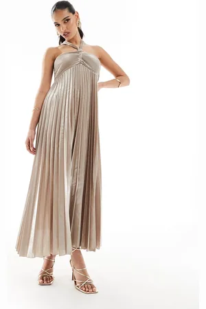 MANGO Halterneck pleated midi dress in