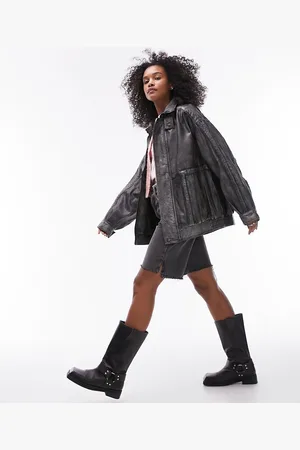 Topshop Real leather super washed oversized bomber jacket in