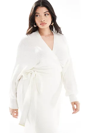 River Island Wrap belted midi knit dress in cream
