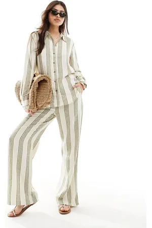 JDY Wide leg linen mix trouser co-ord in sage and white stripe