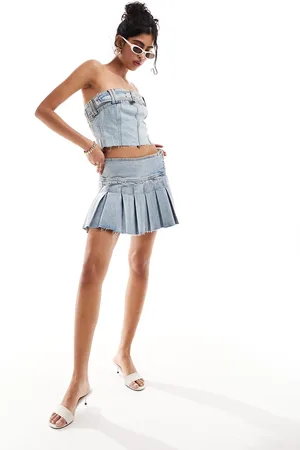 Pull&Bear Belt detail pleated denim mini skirt co-ord in mid