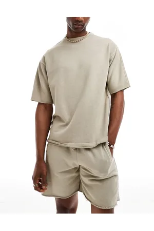 Pull&Bear Distressed hem co-ord t-shirt in camel