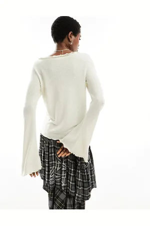 Monki Long sleeve boat neck top with lettuce edge in beige