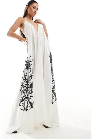 River Island Embroidered hanky hem maxi beach dress in cream