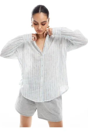 Pull&Bear Oversized long sleeve linen shirt in stripe