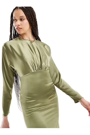 Flounce London Satin maxi dress with kimono sleeve in olive