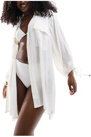 River Island Beach shirt with metallic stripe in cream