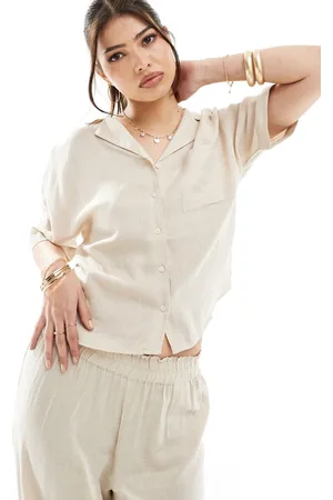 ONLY Linen mix oversized shirt co-ord in beige