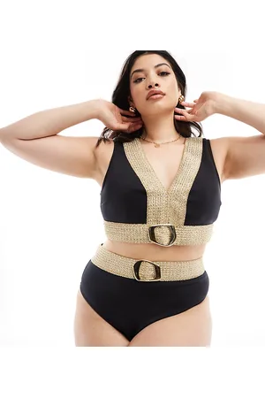 River Island Iver Island Plus high waisted bikini bottom with buckle detail in gold and
