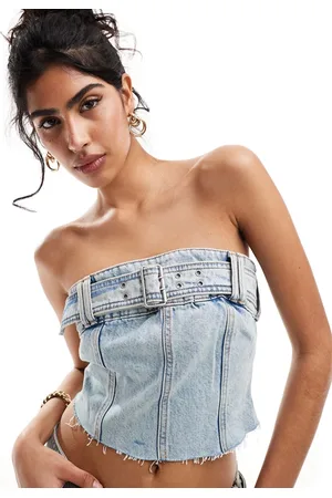Pull&Bear Belt detail denim corset top co-ord in mid